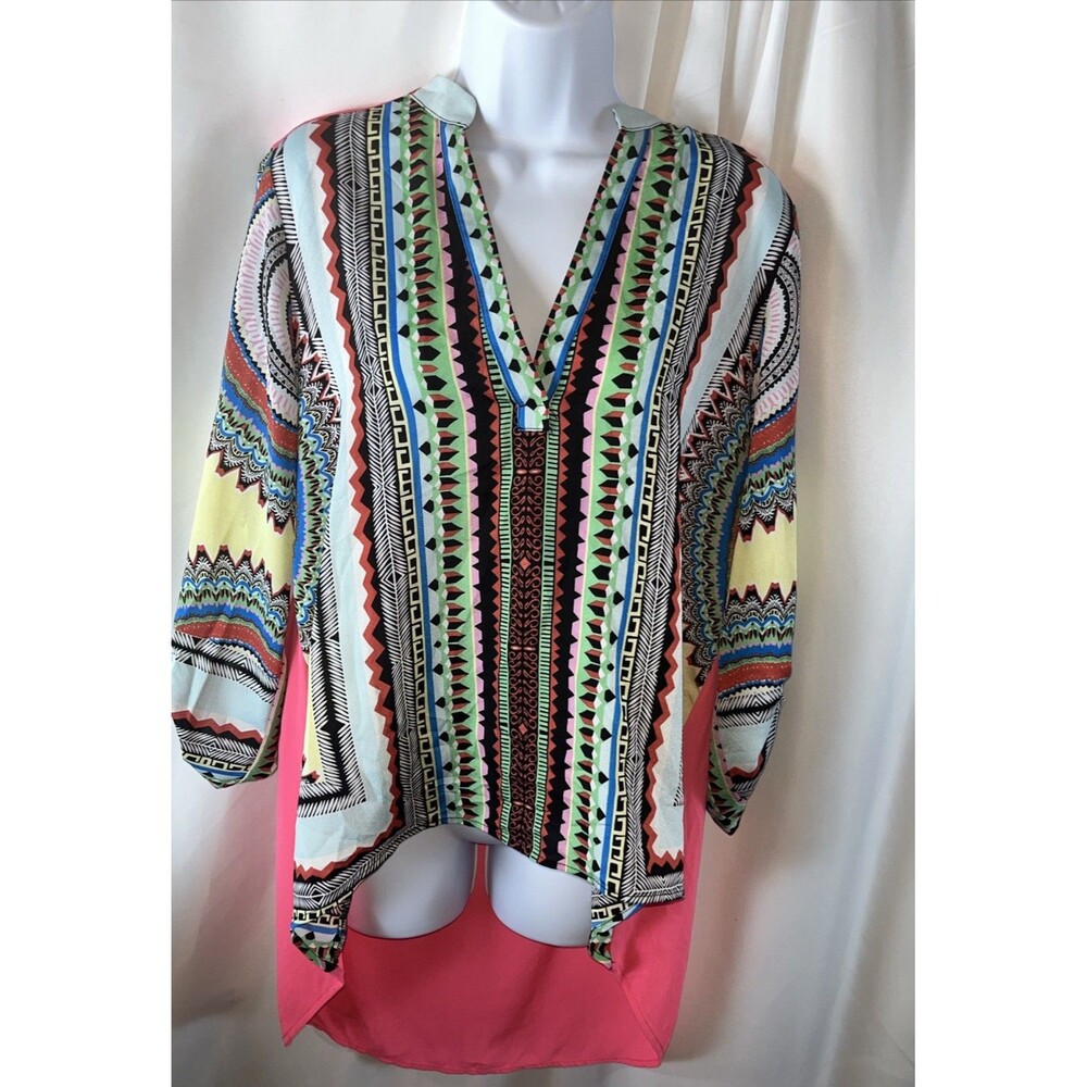 Glam Ella Blue Women’s Multicolor Bohemian Tribal V-neck Tunic Blouse Size L